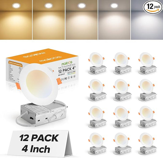 MAILCOS 12 Pack 4 Inch 5CCT Ultra-Thin LED Recessed Ceiling Light with Junction Box, 2700K-5000K Selectable, 810LM High Brightness, Dimmable Canless Wafer Downlight, 9W 120V, ETL
