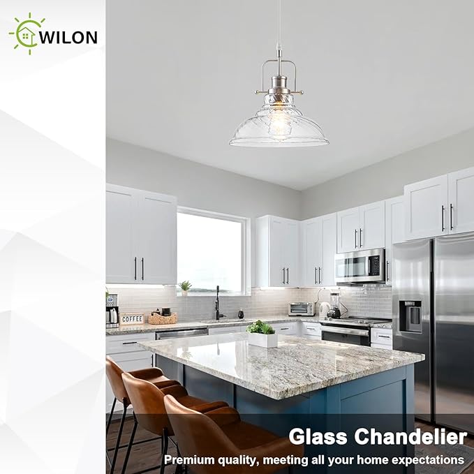 WILON Brushed Nickel Striped Glass Chandelier Pendant Lights Kitchen Island Lighting, Modern Hanging Lamp for Sink Dining Room Over Table Hallway Entryway Bar Foyer Bathroom