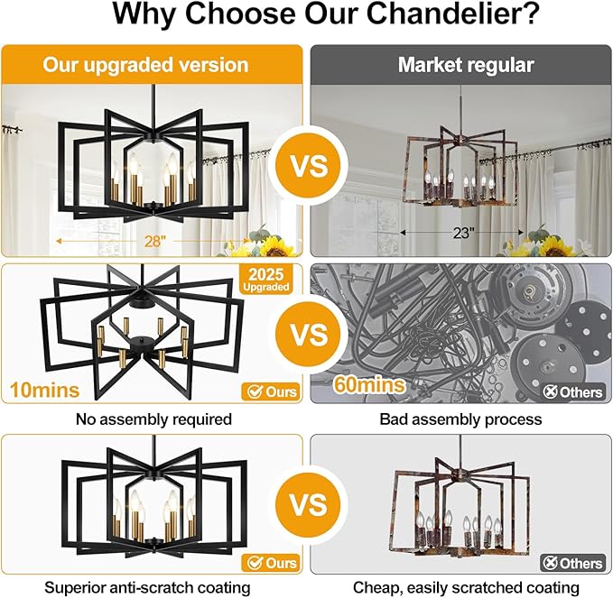25"-61" Height Adjustable Modern Black and Gold Chandelier for Dining Room, No Assembly Required Dining Room Light Fixture Over Table, Industrial Metal Pendant Lights Fixture for Kitchen Island