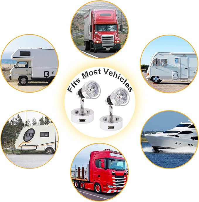 RV Lights Interior Fixture, 12V LED with USB Port RV Reading Light Dimmable Touch Bedside Light Warm White for Camper Trailer Caravan Truck Boat Motorhome Lighting