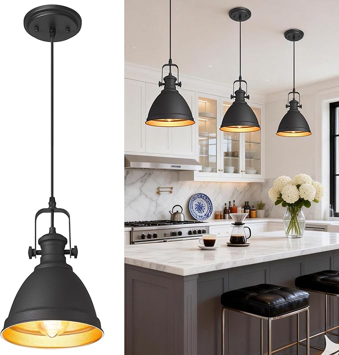 Black Pendant Lights Kitchen Island, 8" Farmhouse Hanging Lights Fixtures with Metal Shade, Rustic Kitchen Pendant Lighting Over Island for Dining Room, AD-2151-1PM-BK