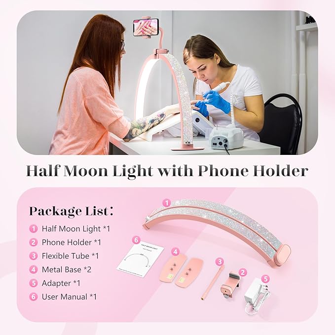 Yokilly Half Moon Light for Nail Desk: 29" Foldable Half Moon Nail Desk Lamp with Phone Holder for Beginner - Arch Tech Light with 3 Color Modes & 10 Brightness for Manicure Salon (Pink Diamond)