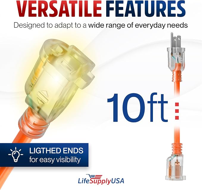 10ft Outdoor/Indoor Extension Cord 12/3 Gauge Extra Heavy Duty 3 Prong SJTW, Waterproof, Flexible Cold-Resistant Long Power Cord,15A 125V 1875W, Orange by LifeSupplyUSA