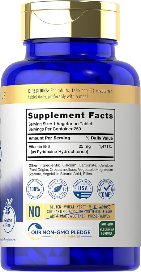 Carlyle Vitamin B6 | 25 mg | 250 Tablets | Supplement for Women and Men | as Pyridoxine Hydrochloride | Vegetarian, Non-GMO, and Gluten Free