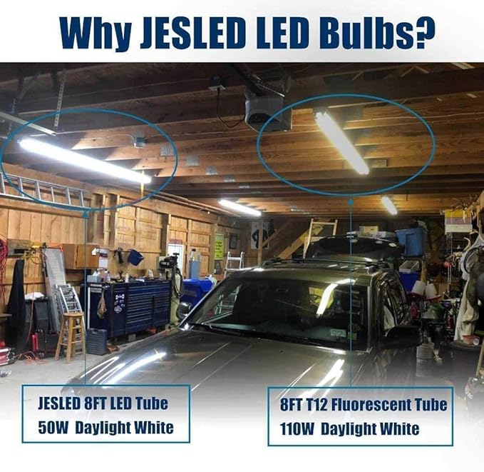 JESLED T8/T10/T12 8FT LED Tube Light Bulbs, 50W 6000LM, 5000K Daylight White, 8 Foot Single Pin FA8 LED Fluorescent Replacement for Shops Garage Light Fixtures, ETL Listed, Remove Ballast (4-Pack)