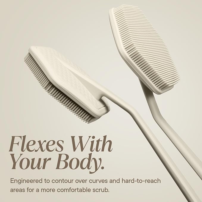 TOOLETRIES Silicone Back Scrubber with Hook, Exfoliating Body & Bath Brush, Long Ergonomic Handle, Non-Slip Grip for Hard-to-Reach Areas, Hygienic Silicone Bath Accessory for Men & Women - Sand