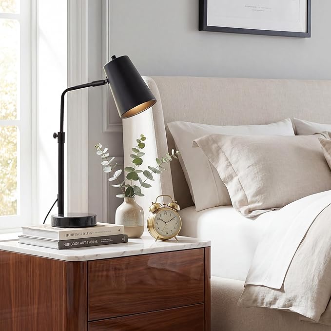 VONLUCE 20" Desk Lamp with LED Bulb, Metal Table Lamp Marble Base, Mid Century Modern Reading Lamp Office, Industrial Task Lamp Work Lamp for Reading Bedroom, Black