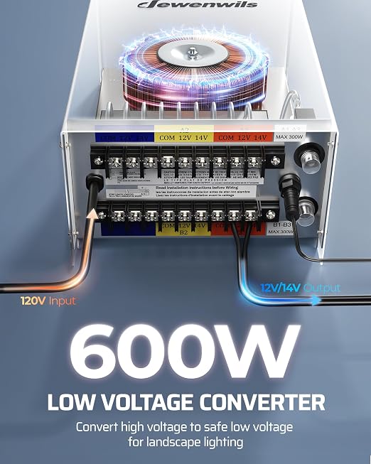 DEWENWILS 600W Low Voltage Landscape Transformer, 6 Independent Outputs, Low Voltage Transformer with Photocell Sensor, 120V to 12V/14V AC, Stainless Steels Landscape Lighting Transformer Outdoor