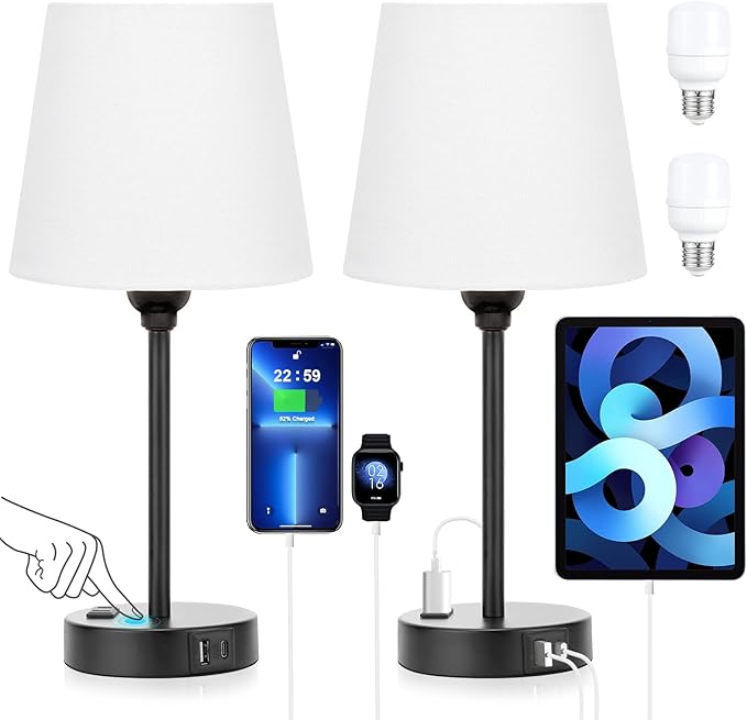 White Bedside Lamps for bedrooms Set of 2 - Nightstand Bedroom Lamp with USB C Port and AC Outlet Charging, 3 Way Dimmable Touch Control Small White Bed Side Table Lamp, Nightstand Light for Kids