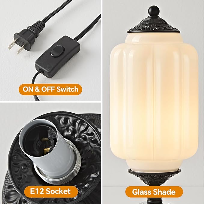 Milk Glass Table Lamp, Touch Control with USB Charging Port Vintage Bedside Desk Lamp Stepless Dimming for Bedroom Living Room Nightstand Led Bulbs Included （White）