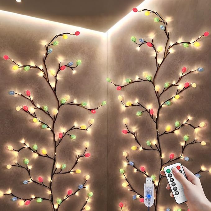 Easter Egg LED Tree Branch Lights for Wall,Easter Egg Willow Vine Twig Decor,USB Interface,with 48 LED Lights and Remote,8 Lighting Modes,for Home,Walls,Doors Windows (47inch)