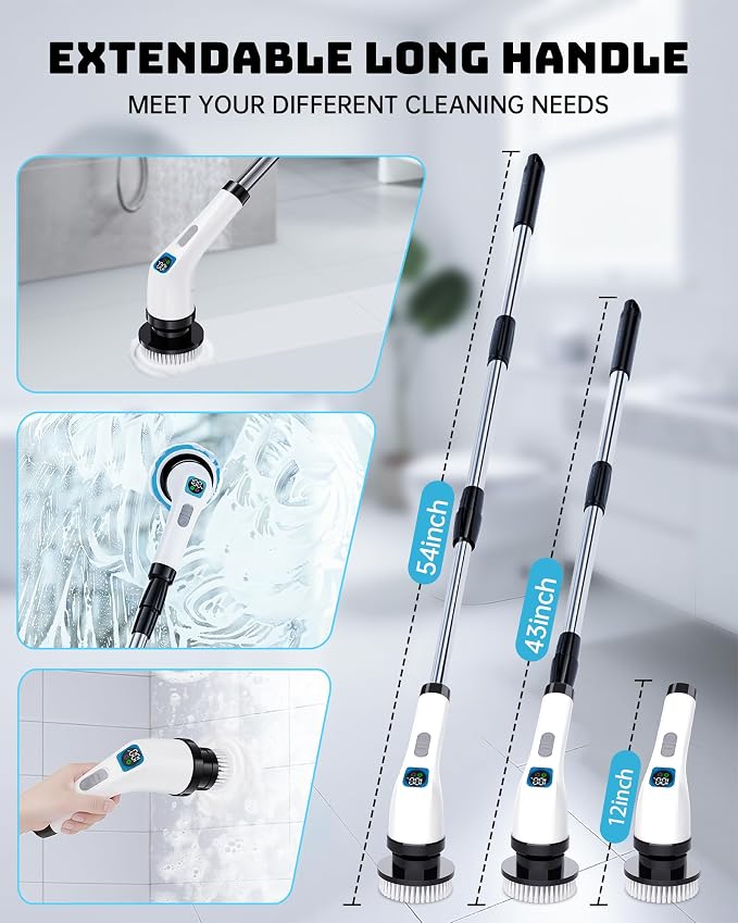 Electric Spin Scrubber for Bathroom | Shower Cleaner Brush with Long Handle | Dual Speed Cordless Power Scrubber with 7 Brushes Heads | IPX7 Waterproof Scrub Brush for Bath Tub Tile Grout Glass Tool