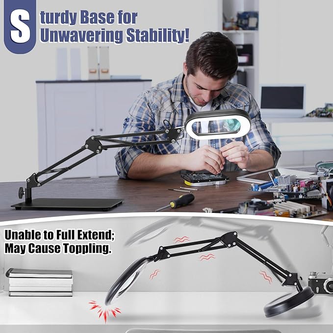 Drdefi 10X Square Magnifying Glass with Light and Stand, Real Glass LED Lighted Magnifier, 5 Color Modes Stepless Dimmable, Hands-Free Mag Desk Lamp with Clamp for Reading Craft Hobby Close Work Black