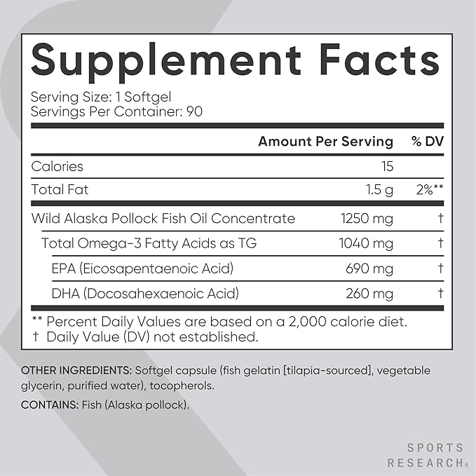 Sports Research 1250 mg Omega 3 Burpless Fish Oil - Wild Alaskan Pollock - (90 Count), High Potency Vegan Vitamin C 1000mg (240 Count) + Vegan 5000iu Vitamin D with 100mcg Mk7 Vitamin K (60 Count)