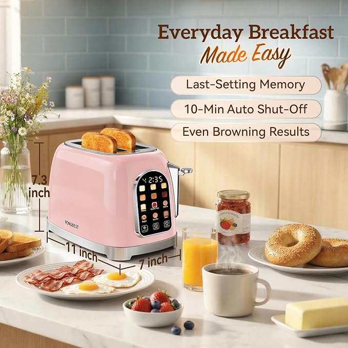 RONGBEST Retro Toaster 2 Slice Stainless Steel with Wide Slot Touchscreen for Breakfast Bagel & Bread, Reheat & Defrost, 6 Browning Levels, Removable Crumb Tray, Blush Pink