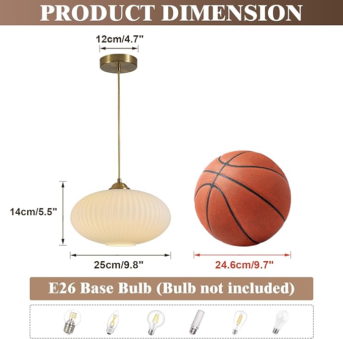 KCO Lighting Mid Century Modern Gold Globe Pendant Lighting Brushed Brass White Opal Glass Pendant Light Antique Farmhouse Single Hanging Kitchen Island Lighting Fixture