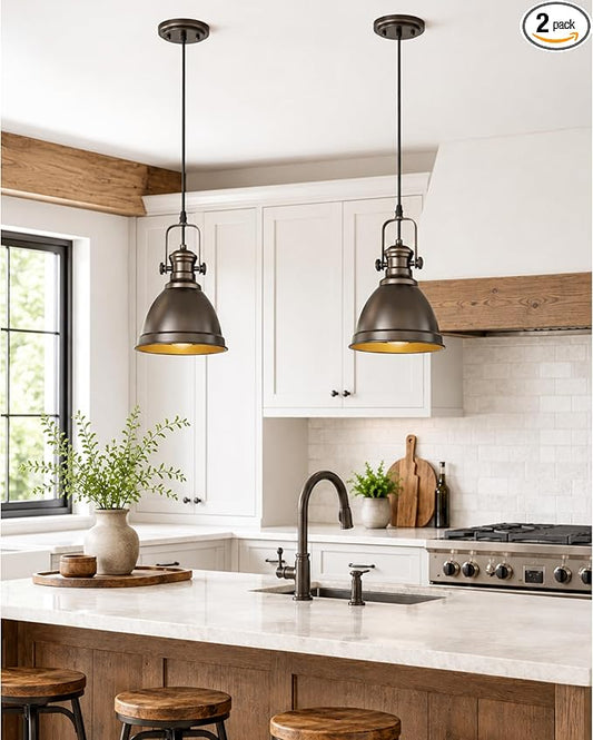 2-Pack Pendant Lights Kitchen Island, 8" Farmhouse Hanging Lights Fixtures with Metal Shade, Rustic Kitchen Pendant Lighting Over Island for Dining Room, Oil Rubbed Bronze, AD-2151-2PM-ORB