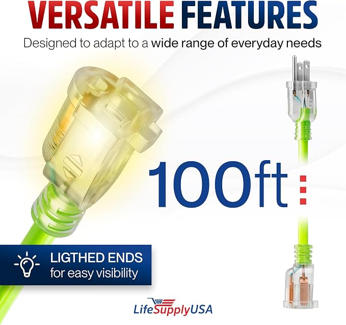 100ft Outdoor/Indoor Extension Cord 12/3 Gauge Extra Heavy Duty 3 Prong SJTW, Waterproof, Flexible Cold-Resistant Long Power Cord, 15A 125V 1875W, Neon Green by LifeSupplyUSA