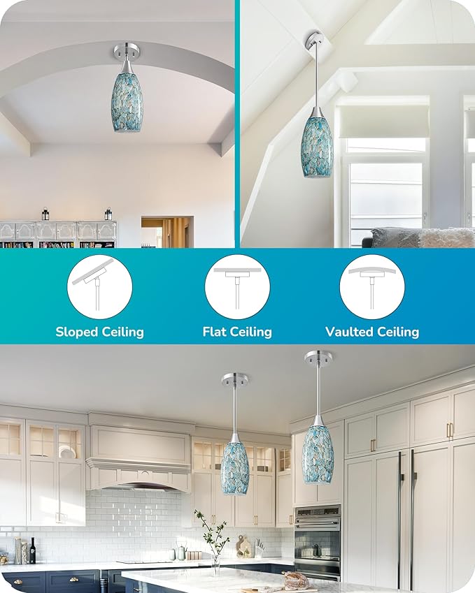 EDISHINE Pendant Light, Hand Blown Hanging Light Fixture, Adjustable Brushed Nickel Rods, 5.12" D x 11.4" H Shade, Blue Glass Pendant Lighting for Kitchen Island, Sink, Bathroom, Dining Room