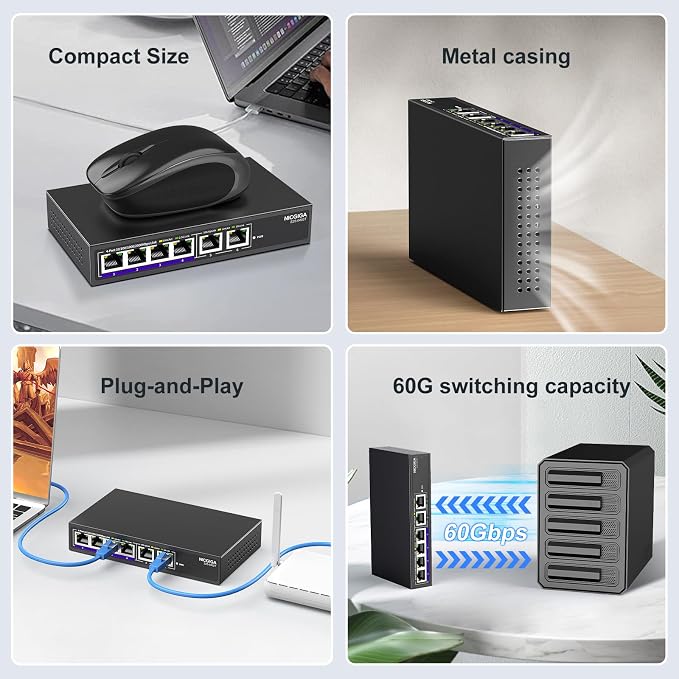 10Gbe Ethernet Switch Unmanaged with 2 x 10Gb RJ45 Ports + 4 x 2.5Gb Base-T Ports, Desktop/Wall Mount NICGIGA 6 Port 10Gbps Network Switch for Wireless AP, NAS, PC