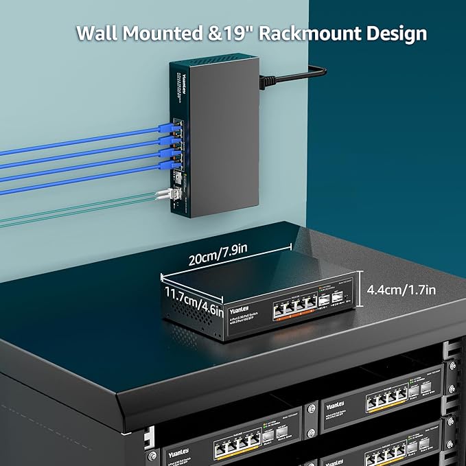 YuanLey 6 Port 2.5G PoE Switch Unmanaged, 4 x 2.5G Base-T PoE Ports, 2 x 10G SFP, IEEE802.3af/at, 78W, Compatible with 100/1000/2500Mbps, Metal Fanless, VLAN, Desktop/Wall Mount 2.5Gbe Network Switch