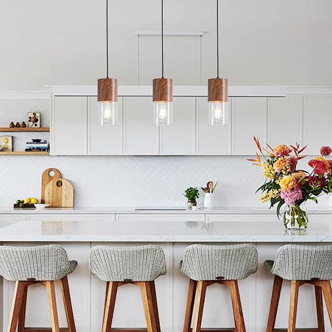 Modern Pendant Lights for Kitchen Island, Adjustable Pendant Light Fixtures with Brown Wood Grain, Industrial Clear Glass Pendant Lights for Dining Table Hallway Bedroom Living Room,1 Pack