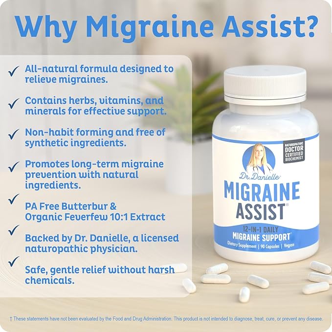 Meilleur produit de soulagement de la migraine avec du magnésium - Supplément Migraine Assist avec quercétine, grande camomille, pétasite, CoQ10 de Dr. Danielle, 90 gélules