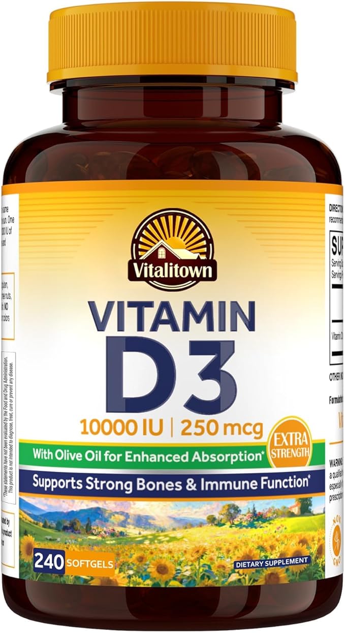 バイタリタウン ビタミンD3 10,000IU（250mcg）、高効力、骨、歯、免疫機能サポート、オリーブオイルベース、吸収力アップ、240ソフトジェル