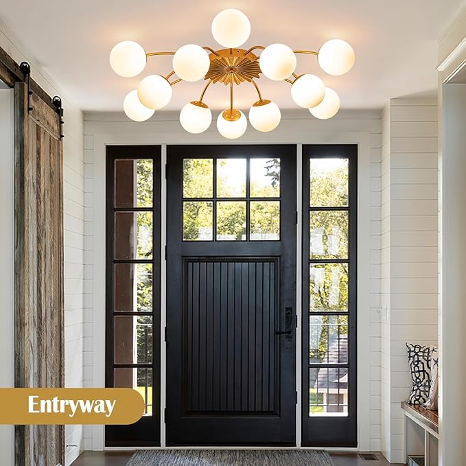 12-Light Milk Glass Pendant Light, 40" Sputnik Bubble Glass Chandelier Light Fixture, Hand Blown Semi Flush Mount Ceiling Chandeliers Lighting for Dining Room, Living Room (Gold, 12-Light Ceiling)