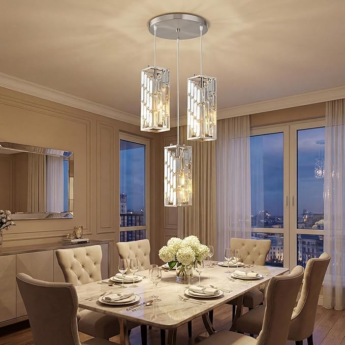 Brushed Nickel Pendant Lighting Modern Pendant Light, Mini Crystal Chandeliers,Adjustable Pendant Light Fixture for Kitchen Island Dinning Room Bedroom (3 Light)