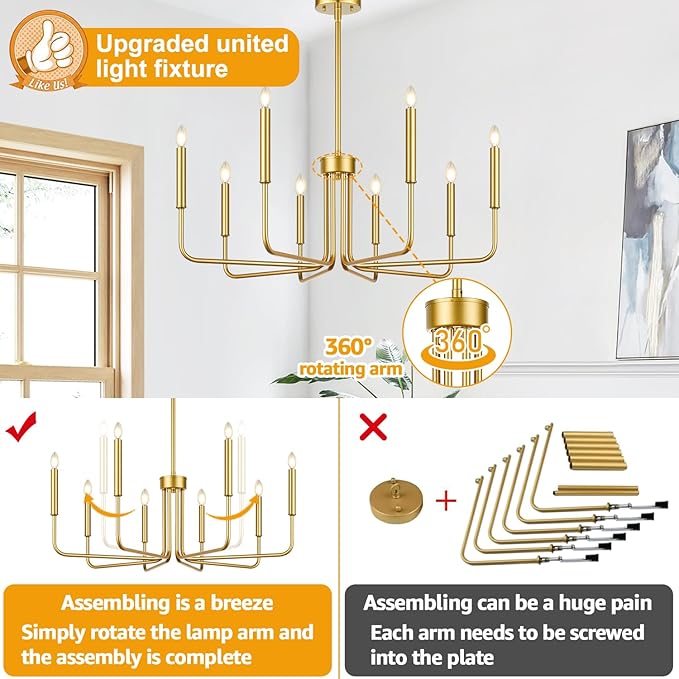 Lynnoland 8-Light Farmhouse Chandelier for Dining Room Lighting Fixtures Hanging, Gold Dining Light Fixtures Industrial Chandelier for Bedroom, Foyer, Hall, Kitchen, Living Room and Entryway