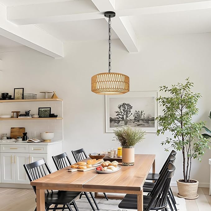 9"-52" Height Adjustable Farmhouse Chandelier Light Fixture, 1-Light Rattan Boho Chandeliers for Dining Room, Hand Woven Pendant Light with Linen Shade, Rustic Hanging Lighting for Kitchen Island