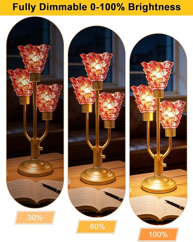 Mid Century Modern Table Lamp Dimmable Nightstand Lamp Red Glass Gold Vintage Desk Lamp 3 Bulbs Included Warmwhite Ambient Bedside Lamps for Living Room Bedroom End Table Office Home Decor
