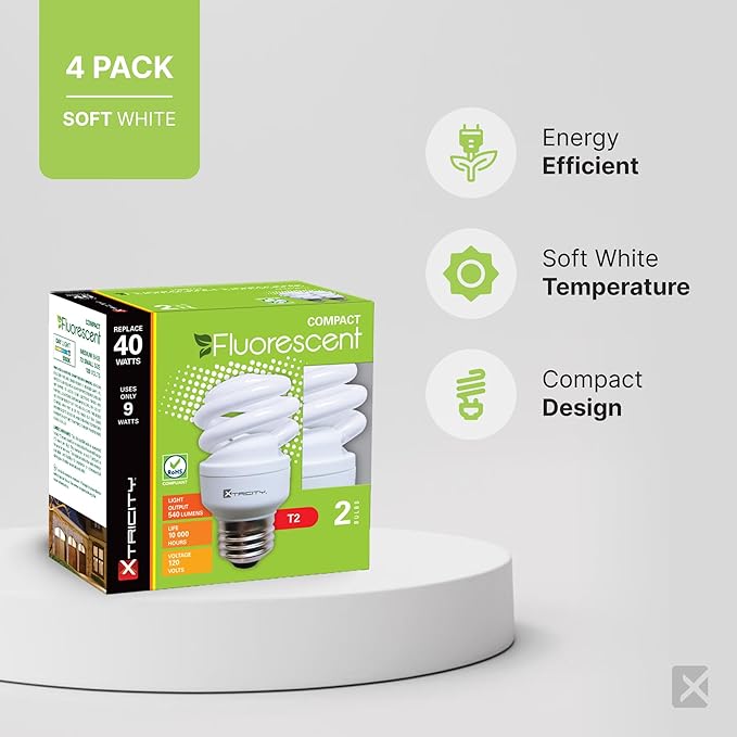 Xtricity Compact Fluorescent Light Bulb T2 Spiral, E26 Base, 9W (40 Watt Equivalent), 5000k Daylight, 540 Lumens, CFL, 120V - UL Listed, (4 Pack)