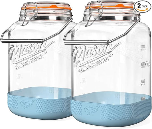2 Pack 1.5 Gallon Glass Jar With Airtight Lid, Square Large Mason Jars Wide Mouth with Scale Marks and Stainless Steel Handle-192 Oz Non-slip Glass Storage Containers for Flour Sugar Cookie
