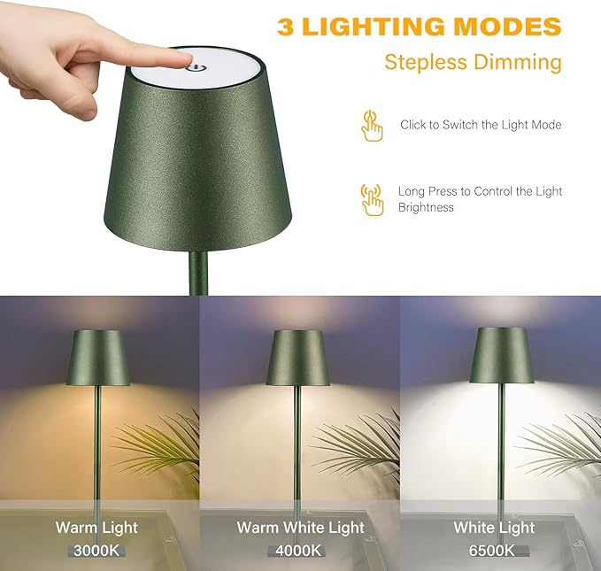 CHLORANTHUS 2 Pack Cordless Table Lamps, 3 Colors Stepless Dimming, 5000mAh Rechargeable Battery LED Desk Lamp for Bedroom/Couple Dinner/Desk/Cafe/Dining Room/Terrace
