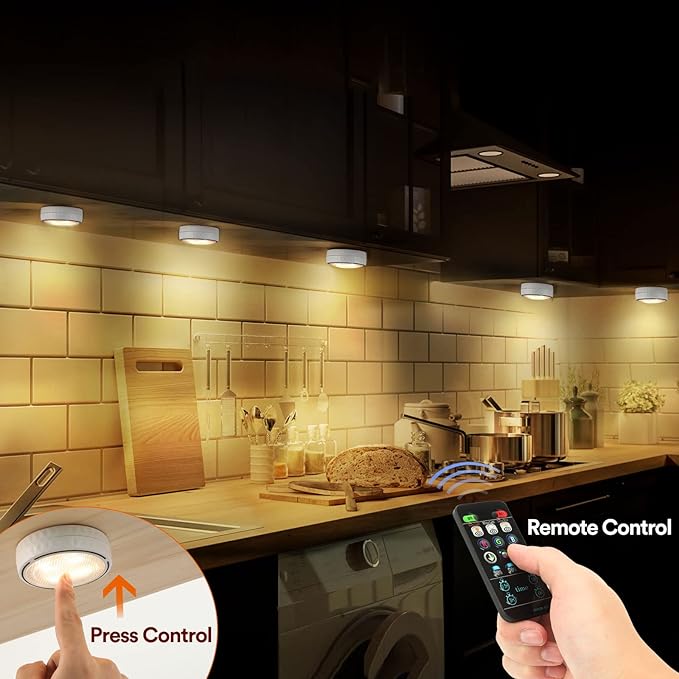 TECOMLIGHT LED Puck Lights with Remote Control, Battery Operated Wireless Closet Light, Under Cabinet Lights Stick on Tap Light, Color Changing Under Counter Light for Kitchen, 2 Pack - White
