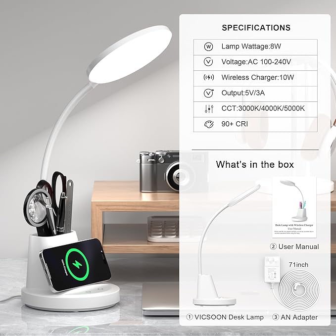 Desk Lamp for Home Office, LED Desk Lamp with Wireless Charger Pen Phone Holder, Dimmable Desk Light 3 Color Modes, College Dorm Study Lamp for College Dorm, CRI 90 800 Lumen
