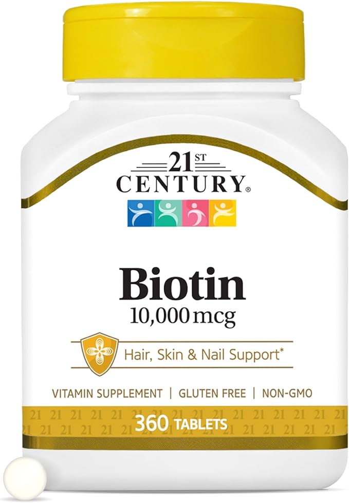 21st Century Biotin 10,000 mcg Tablets (360 Count), High Potency Biotin Supplement, Supports Hair, Skin & Nail Health, Gluten & Sugar-Free, Daily Vitamin B7 Supplement, Non-GMO