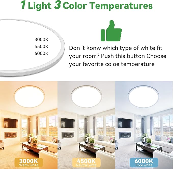hepside 15.8INCH Big Dimmable Flush Mount Ceiling Light Fixture White, 3CCT 3000/4500/6000K Ceiling Lamp, 36W 4200LM Super Bright Low Profile Light for Bedroom, Kitchen, Bathroom, Hallway