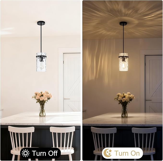 Farmhouse Hammered Glass Pendant Light, 5.5" Black Pendant Light, Modern Pendant Light Fixtures Over Island Lights for Kitchen Dining Room Light for Farmhouse Pendant Lighting 1 Pack