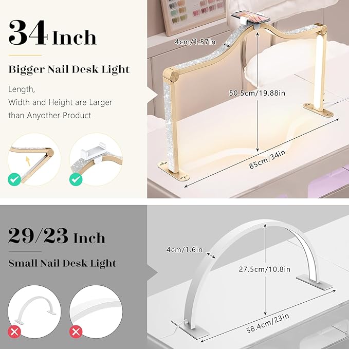Yokilly Arc Half Moon Light: 34" Shadow-Free Half Moon Light for Desk Salon - Foldable LED Desk Lamp with Stepless Brightness for Manicurist (Gold)