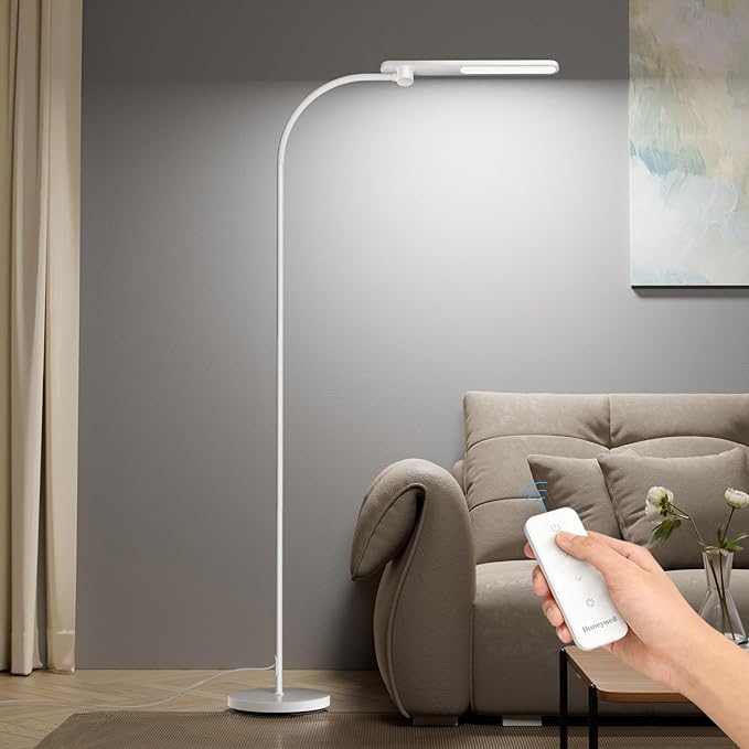 Honeywell LED Floor Lamp for Reading, CRI97 Full Spectrum Gooseneck Floor Lamp with Remote, Eye-Caring Dimmable Standing Task Light, 3 Color Temperatures, 77.5" Tall for Living Room Bedroom Office