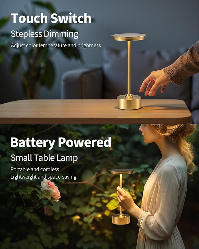 PUSU Rechargeable Table Lamps Set of 2, Gold Cordless LED 4000mAh Battery Desk Lamp, Stepless Dimming & 3 Color 2700K-6000K, Portable Lamp for Bedroom, Living Room, Restaurant, Outdoor, Night Light