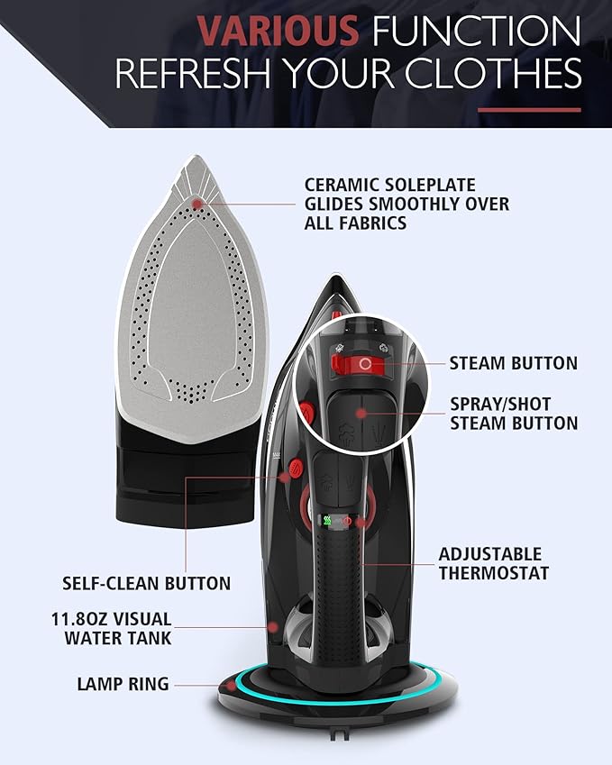 OMAIGA Cordless Iron for Clothes, 1500W Fast-Heating Steam Iron with Non-Stick Ceramic Soleplate,Burst of Steam for Clothes, Auto Shut Off, Self-Clean,3 Temperature Settings, 11.84oz Water Tank, Black