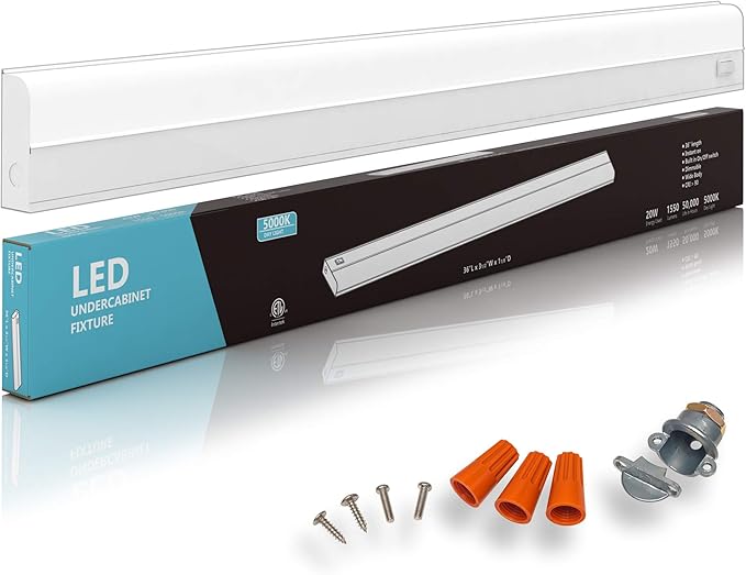 Hardwired LED Under Cabinet Task Lighting - 20 Watt, 36", Dimmable, CRI>90, 5000K (Day Light), Wide Body, Long Lasting Metal Base with Frost Lens