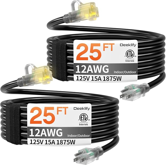 12AWG 25 FT 2 Pack Heavy Duty Outdoor Extension Cord Waterproof with Lighted End, Black 12 Gauge Extension Cord Flexible and Cold Resistant 3 Prong Grounded Plug,15Amp 1875W SJTW ETL Listed
