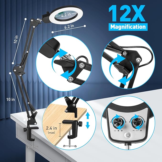 KIRKAS 12X Magnifying Glass with Light and Stand, Overhead Knob Magnifying Lamp for Workbench Craft, Sewing, LED Lighted Magnifier Real Glass Lens Adjust Arm Stepless Dimming and Color(22in Clamp)