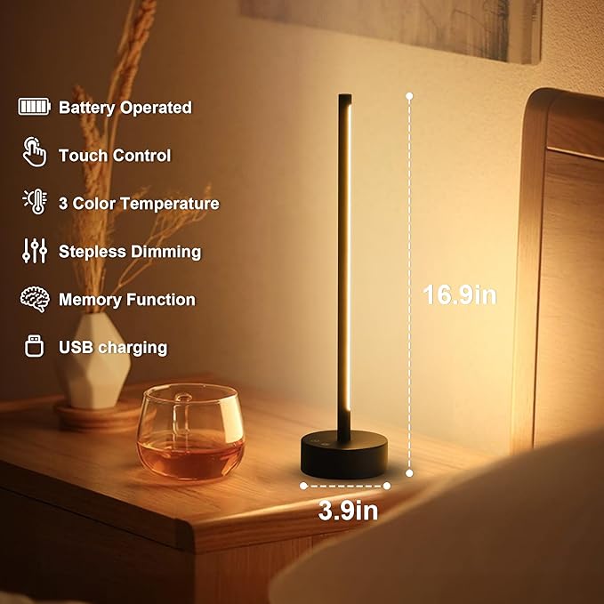 KARTOOSH Cordless LED Table Lamp Set of Two, Battery Operated Portable Desk Lamp, Dimmable/3 Color/Memory Function, Modern Rechargeable Table Light for Living Room,Bedroom, Bedside, Black, 2 Pack