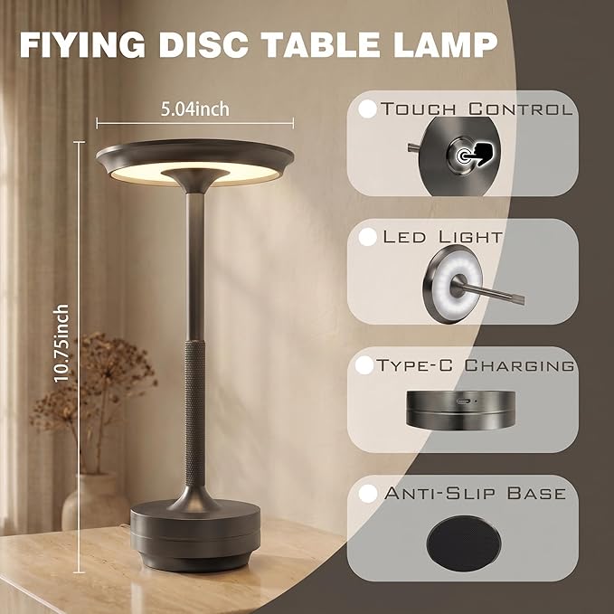 Rechargeable Cordless Table Lamp Set of 2, Portable Battery Operated LED Table Light, 3 Color Stepless Dimming with Touch Sensor & Memory Function for Outdoor Camping Patio café Restaurant Bars,Silver
